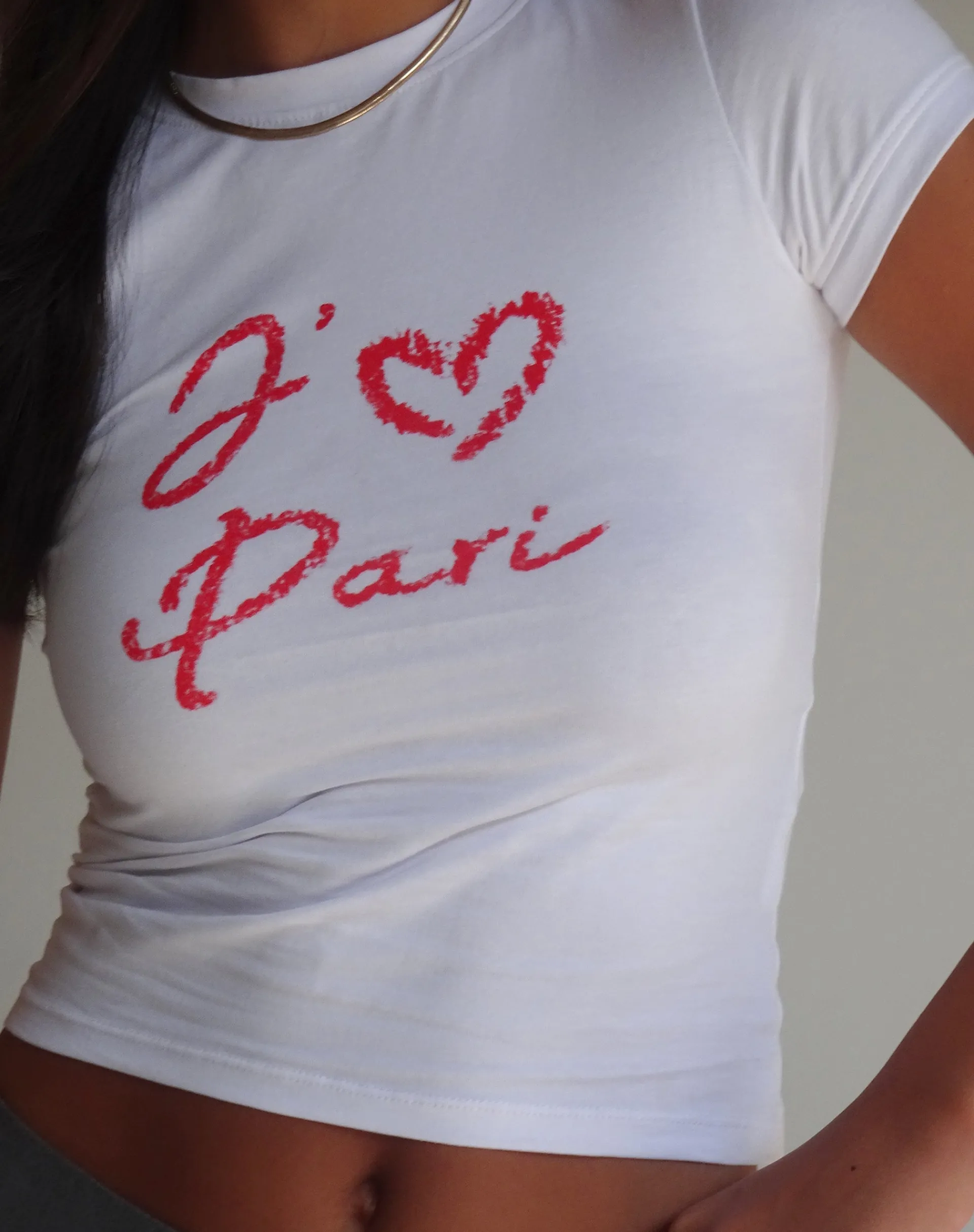 Motel Rocks Basic Tops | Printed Tops-Sutin Baby Tee in White with I Love Pari Graphic WhitewithILovePariGraphic