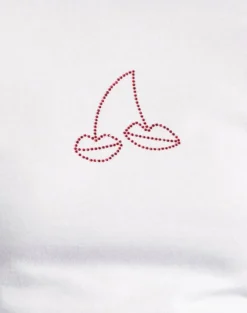 Motel Rocks Basic Tops | Printed Tops-Sutin Baby Tee in White with Red Cherry Lips Hotfix WhitewithRedCherryLipsHotfix