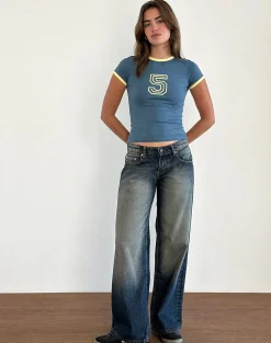 Motel Rocks Tees-Sutin Tee in Blue with 5 Emblem and Yellow Lemonade Binding Bluewith5EmblemandYellowLemonadeBinding