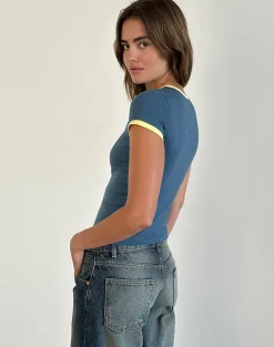 Motel Rocks Tees-Sutin Tee in Blue with 5 Emblem and Yellow Lemonade Binding Bluewith5EmblemandYellowLemonadeBinding