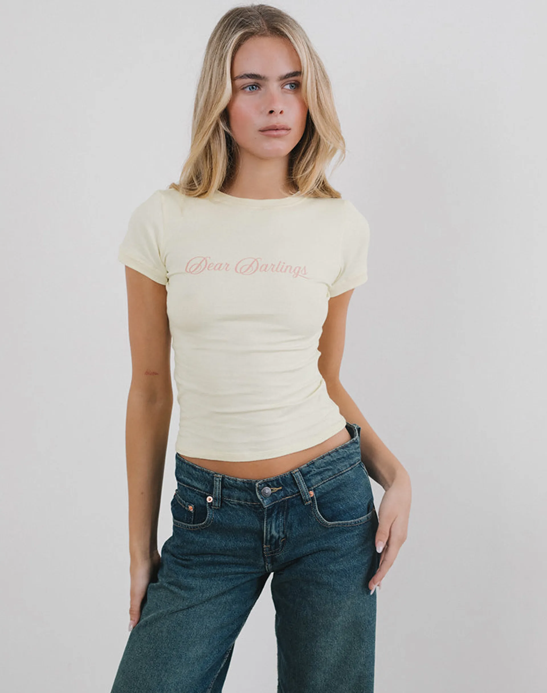 Motel Rocks Printed Tops | Tees-Sutin Tee in Buttermilk with Dear Darlings Print ButtermilkwithDearDarlingsPrint