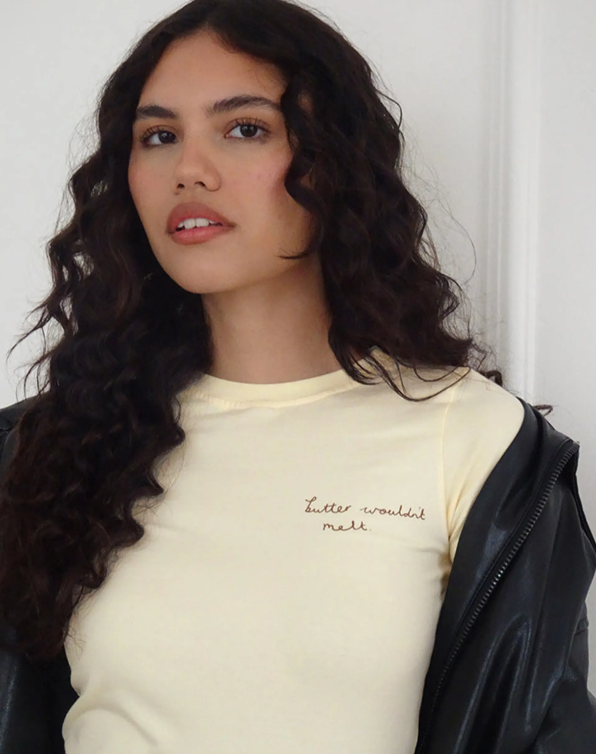 Motel Rocks Printed Tops | Tees-Sutin Tee in Buttermilk with Butter Wouldn't Melt Motif ButtermilkwithButterWouldn'tMeltMotif