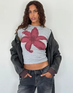 Motel Rocks Basic Tops | Printed Tops-Sutin Tee in Grey Marl Painted Flower Graphic GreyMarlPaintedFlowerGraphic