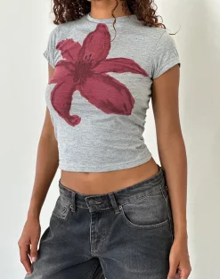 Motel Rocks Basic Tops | Printed Tops-Sutin Tee in Grey Marl Painted Flower Graphic GreyMarlPaintedFlowerGraphic