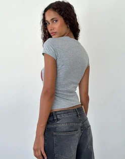 Motel Rocks Basic Tops | Printed Tops-Sutin Tee in Grey Marl Painted Flower Graphic GreyMarlPaintedFlowerGraphic