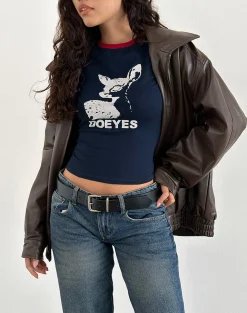 Motel Rocks Basic Tops | Printed Tops-Sutin Tee in Navy with Red Binding and Doeyes Graphic NavywithRedBindingandDoeyesGraphic