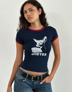 Motel Rocks Basic Tops | Printed Tops-Sutin Tee in Navy with Red Binding and Doeyes Graphic NavywithRedBindingandDoeyesGraphic