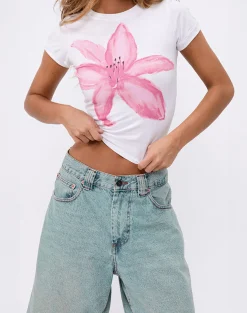 Motel Rocks Basic Tops | Printed Tops-Sutin Tee in White with Painted Flower Pink WhitewithPaintedFlowerPink