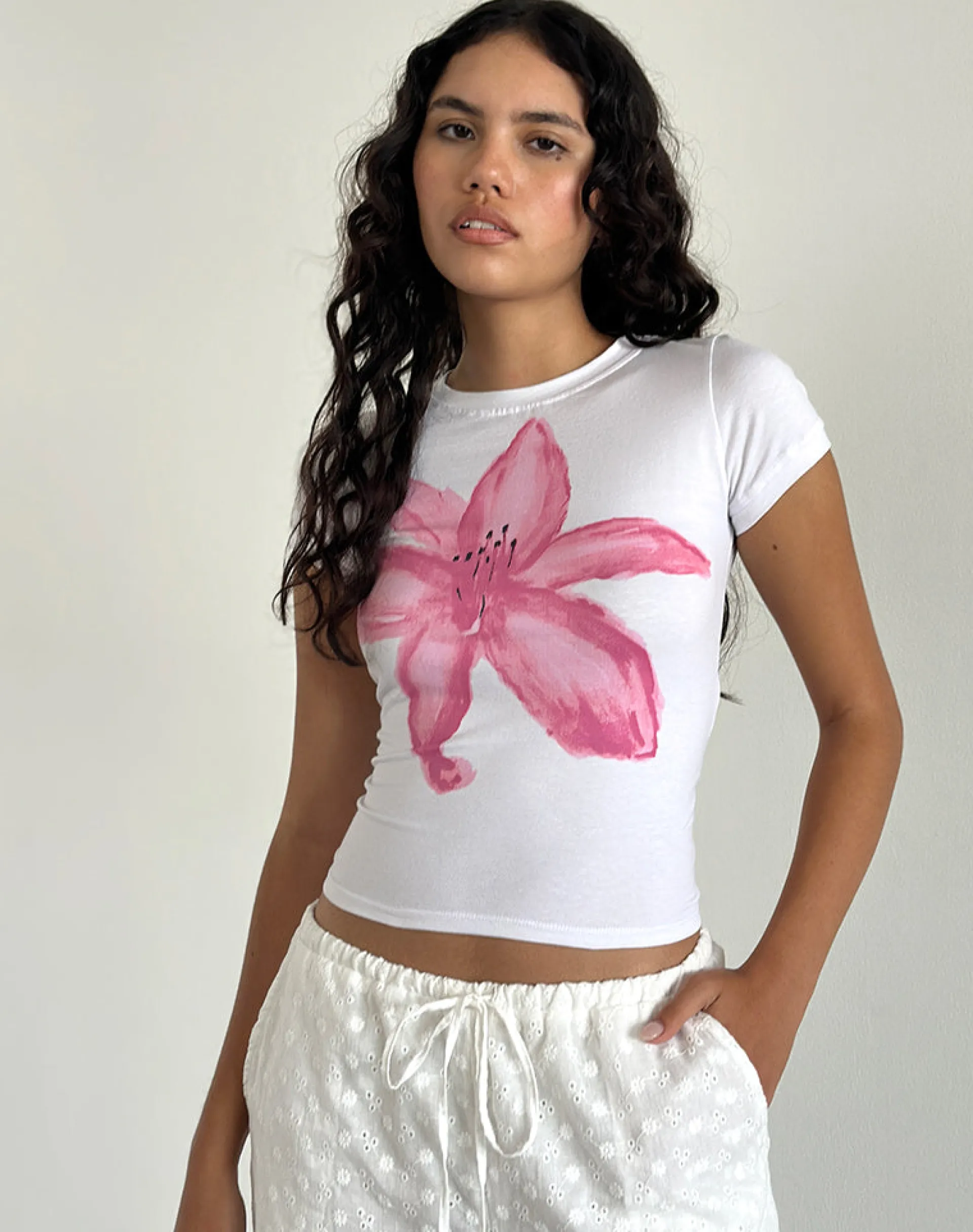 Motel Rocks Basic Tops | Printed Tops-Sutin Tee in White with Painted Flower Pink WhitewithPaintedFlowerPink