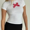 Motel Rocks Printed Tops-Sutin Tee in White with Red Gingham Bow WhitewithRedGinghamBow