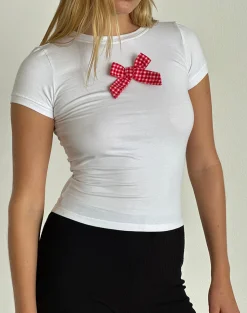 Motel Rocks Printed Tops-Sutin Tee in White with Red Gingham Bow WhitewithRedGinghamBow