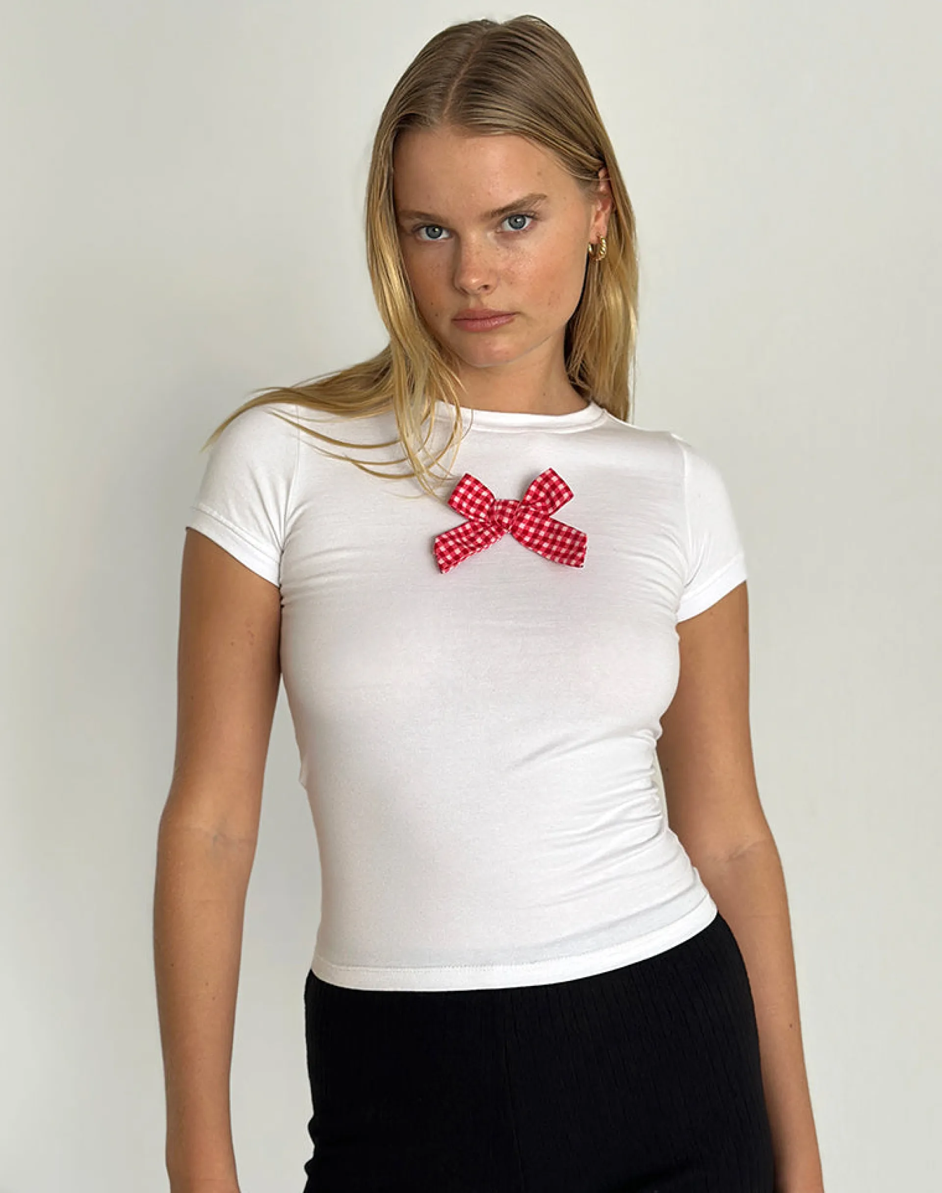 Motel Rocks Printed Tops-Sutin Tee in White with Red Gingham Bow WhitewithRedGinghamBow