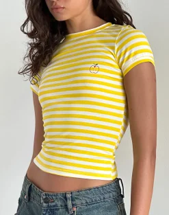 Motel Rocks Co-Ords | Basic Tops-Sutin Tee in Yellow with White Stripe Apple Print YellowwithWhiteStripeApplePrint