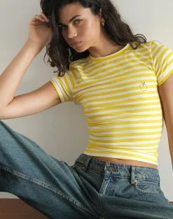 Motel Rocks Co-Ords | Basic Tops-Sutin Tee in Yellow with White Stripe Apple Print YellowwithWhiteStripeApplePrint