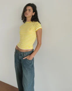 Motel Rocks Co-Ords | Basic Tops-Sutin Tee in Yellow with White Stripe Apple Print YellowwithWhiteStripeApplePrint