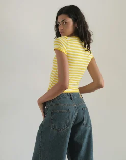 Motel Rocks Co-Ords | Basic Tops-Sutin Tee in Yellow with White Stripe Apple Print YellowwithWhiteStripeApplePrint