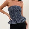 Motel Rocks Printed Tops | Bandeau Tops-Sutisna Bandeau Top in Indigo Stripe Dark Blue