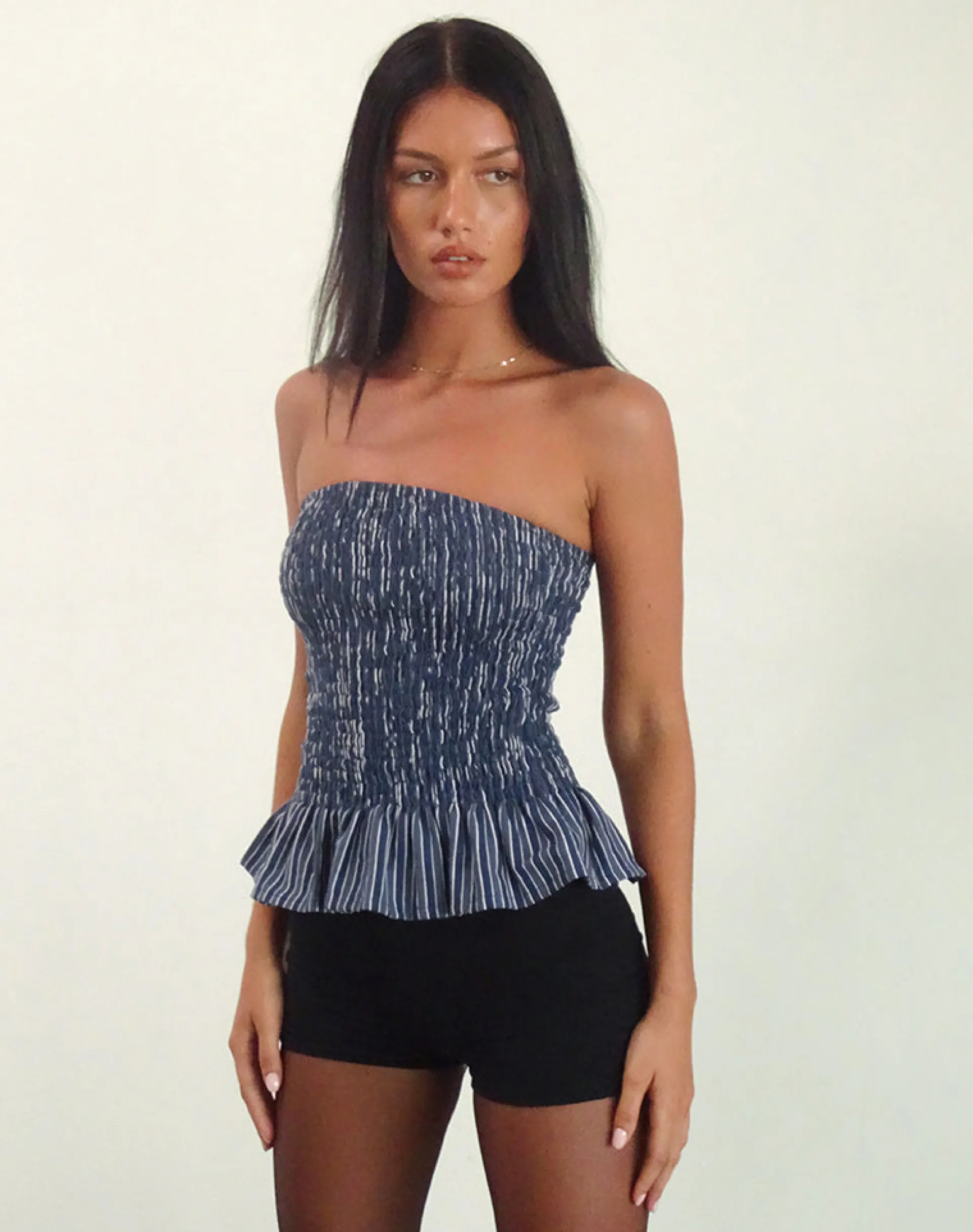 Motel Rocks Printed Tops | Bandeau Tops-Sutisna Bandeau Top in Indigo Stripe Dark Blue