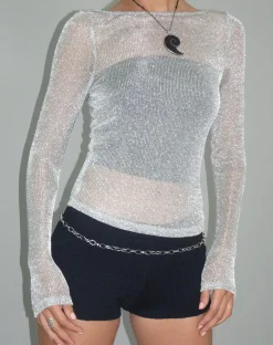 Motel Rocks Long Sleeve Tops | Going Out Tops-Suzette Long Sleeve Top in Silver Chain