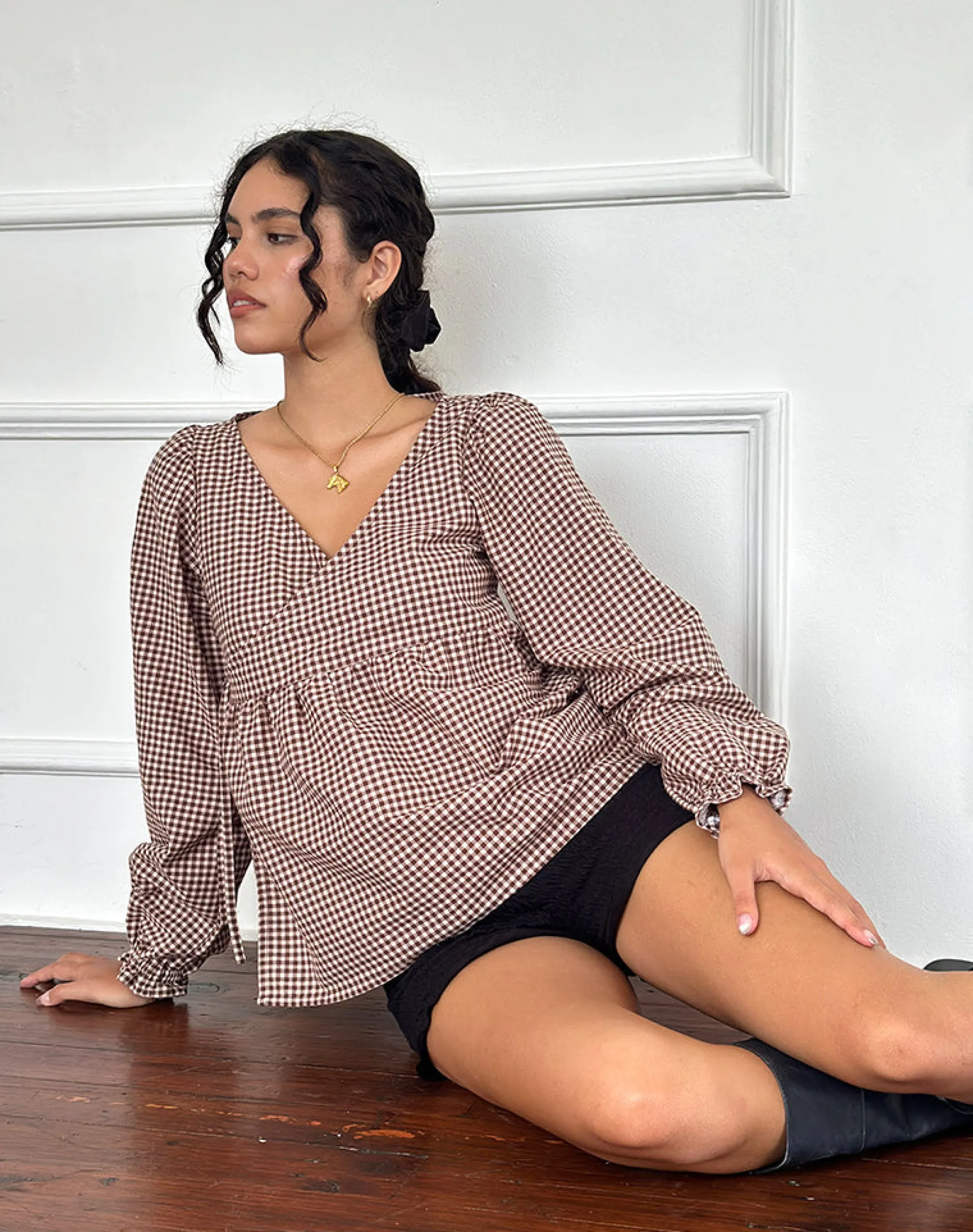 Motel Rocks Shirts And Blouses-Suzumi Wrap Blouse in Mini Gingham Brown