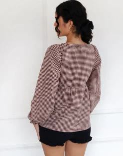 Motel Rocks Shirts And Blouses-Suzumi Wrap Blouse in Mini Gingham Brown
