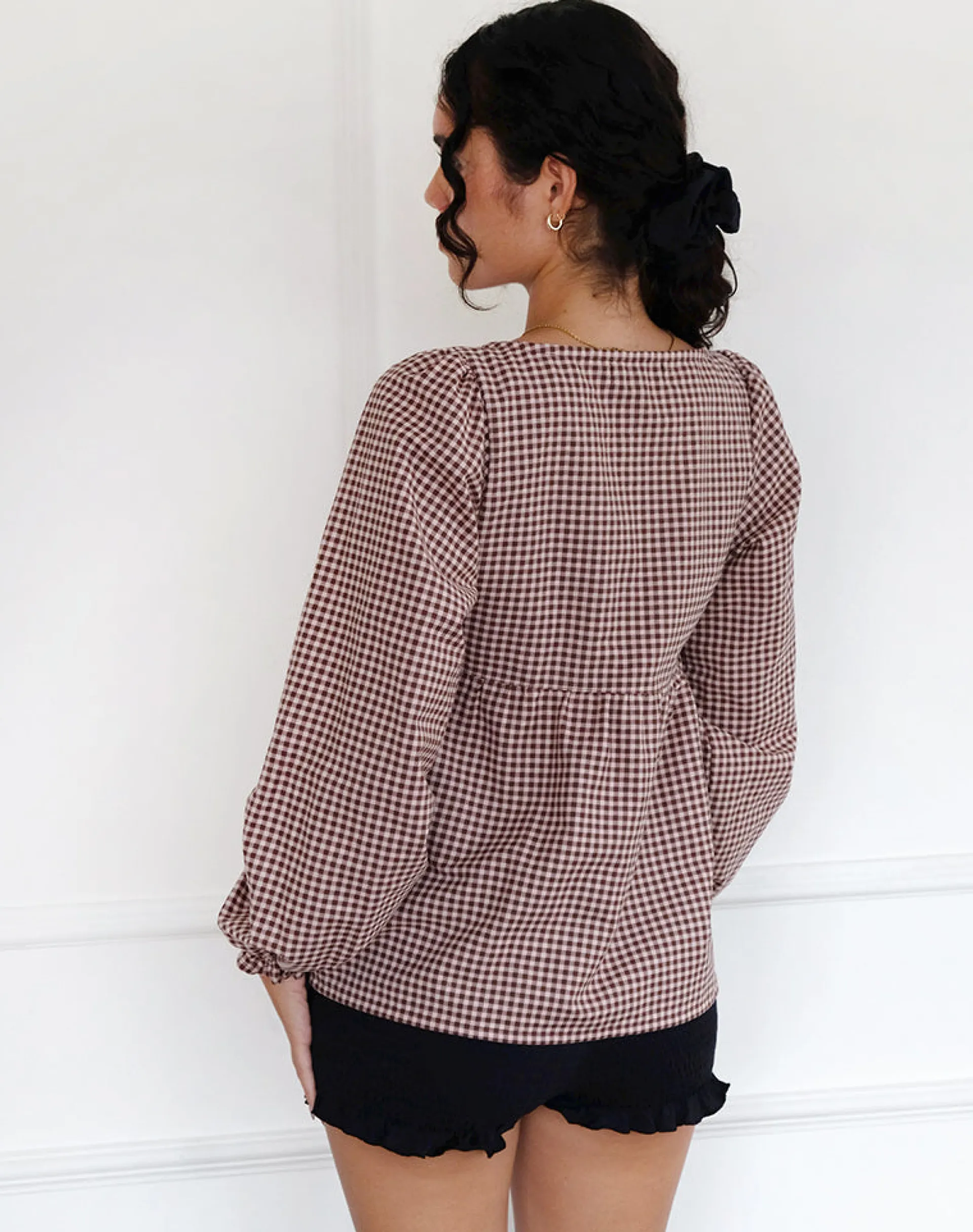 Motel Rocks Shirts And Blouses-Suzumi Wrap Blouse in Mini Gingham Brown