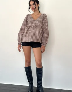 Motel Rocks Shirts And Blouses-Suzumi Wrap Blouse in Mini Gingham Brown