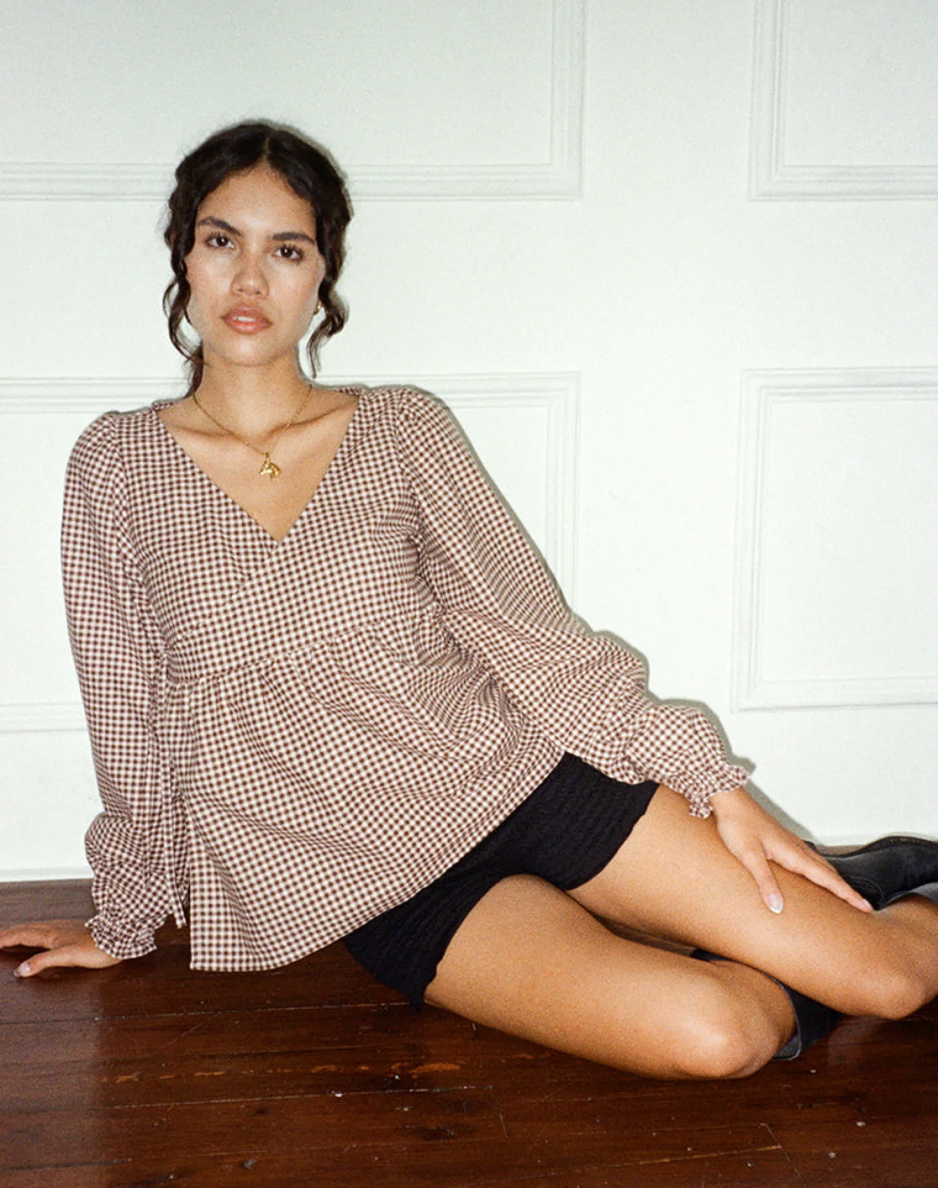 Motel Rocks Shirts And Blouses-Suzumi Wrap Blouse in Mini Gingham Brown