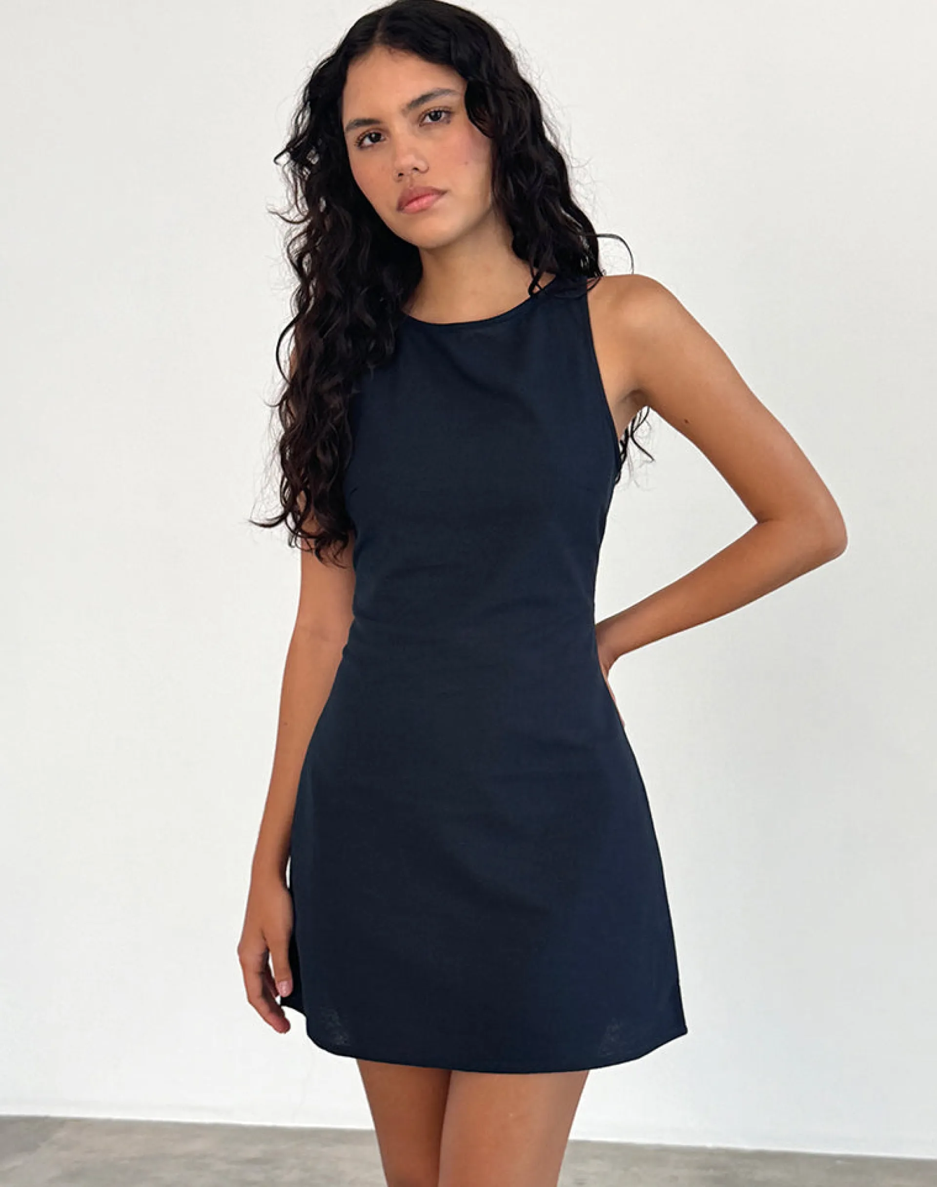Motel Rocks Tailoring | Day Dresses-Sveta Sleeveless Mini Dress in Linen Tapshoe Black