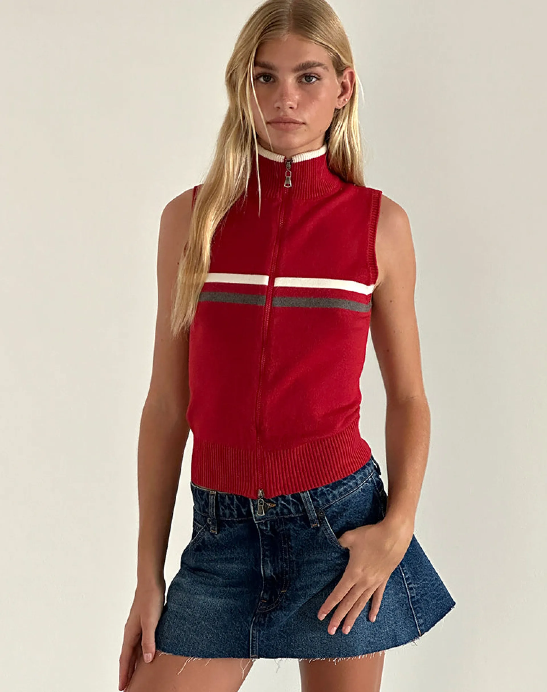Motel Rocks Jackets-Tabeya Sleeveless Knit Jacket in Red