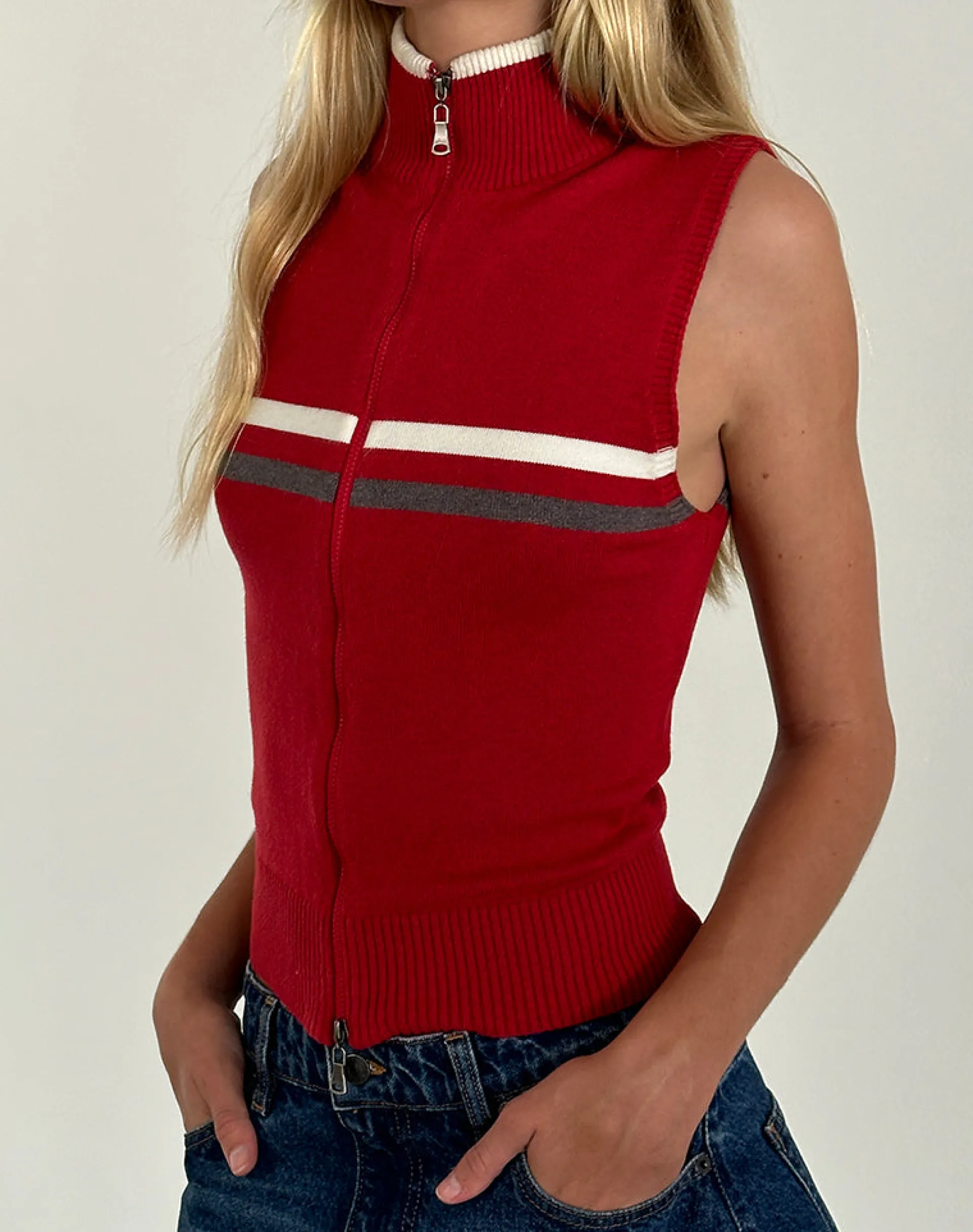 Motel Rocks Jackets-Tabeya Sleeveless Knit Jacket in Red