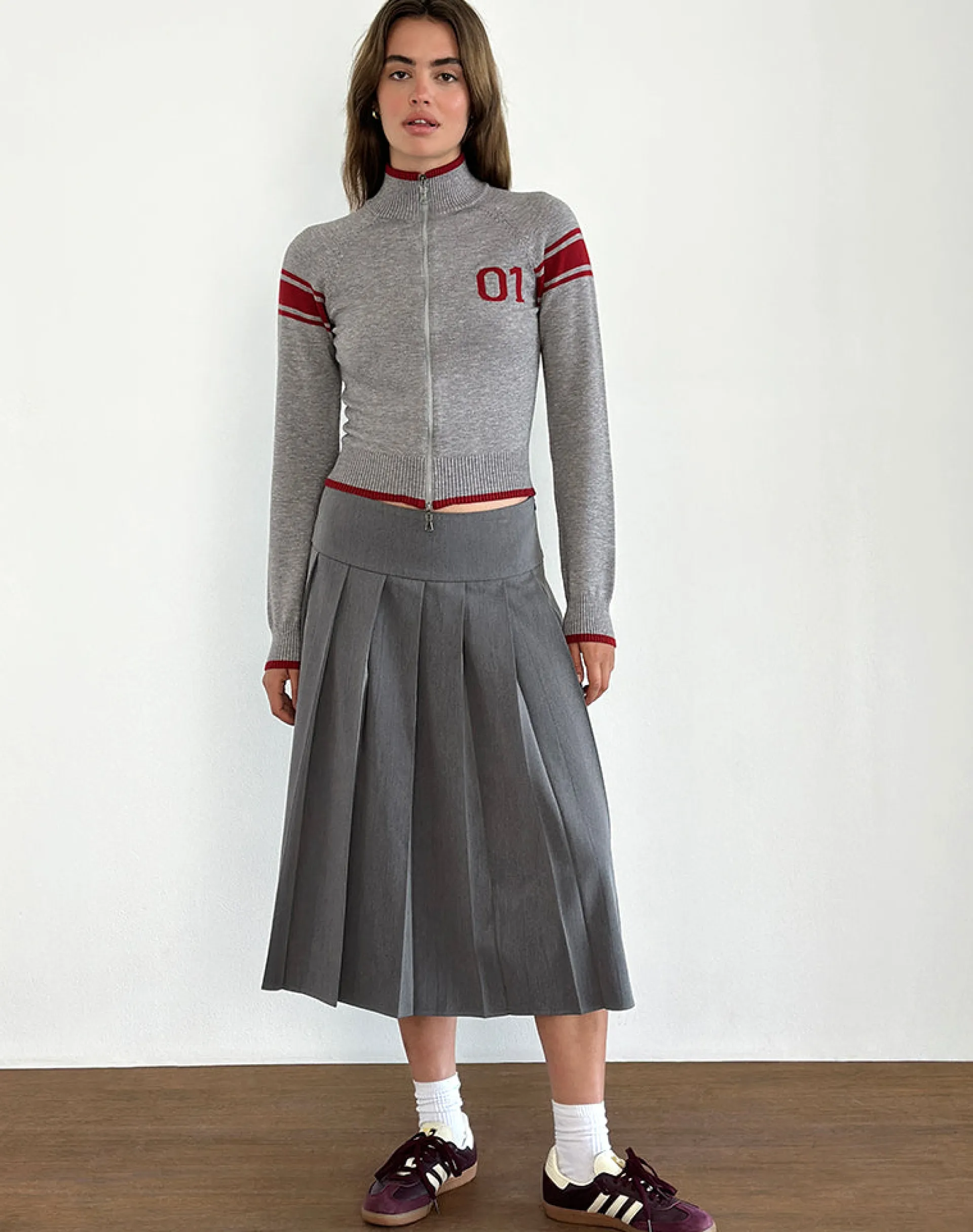 Motel Rocks Jackets-Tacita Zip Through Jacket in Grey with Red Motif