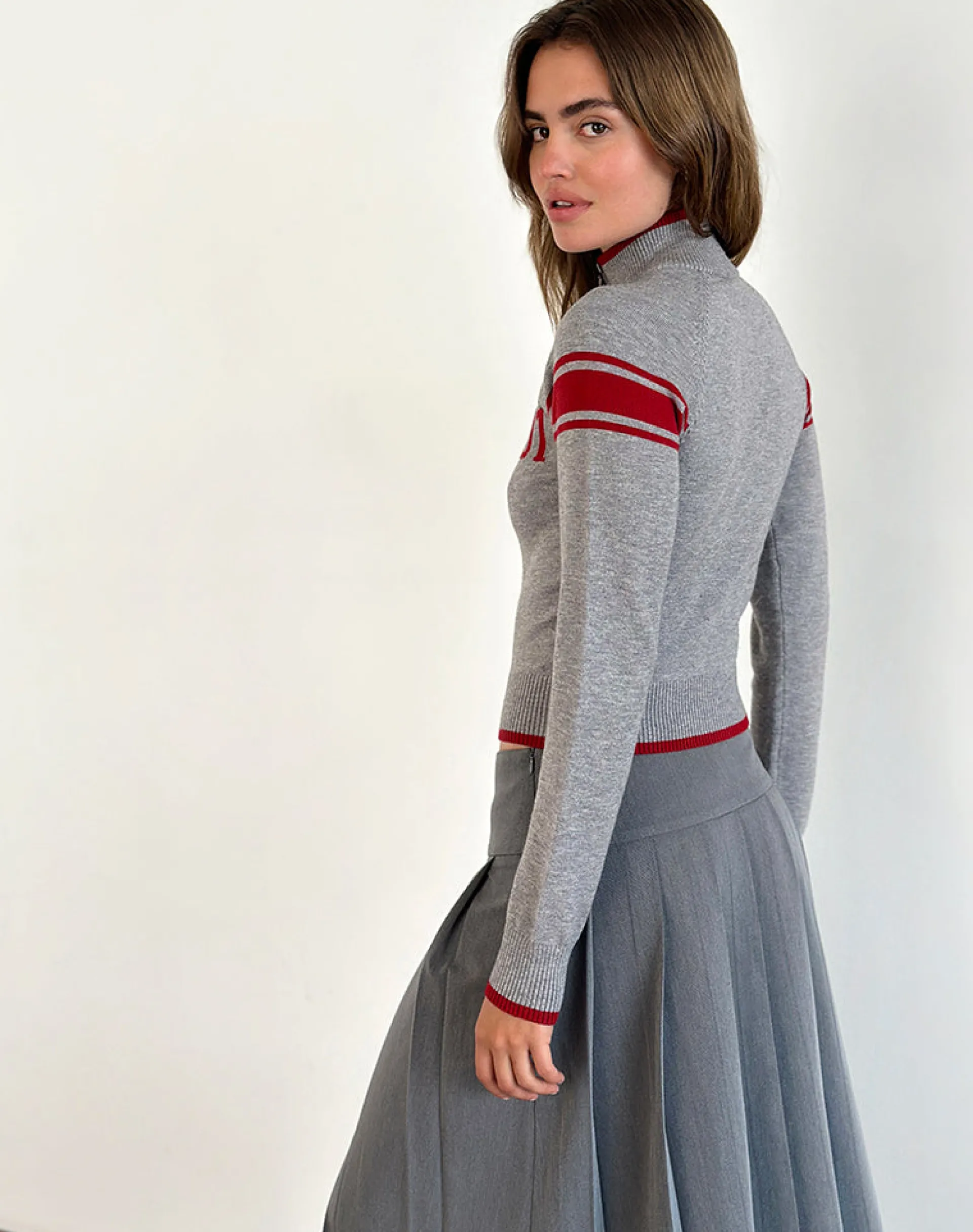 Motel Rocks Jackets-Tacita Zip Through Jacket in Grey with Red Motif