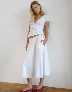 Motel Rocks A Line Skirts | Midi Skirts-Taka Midi Skirt in Poplin White