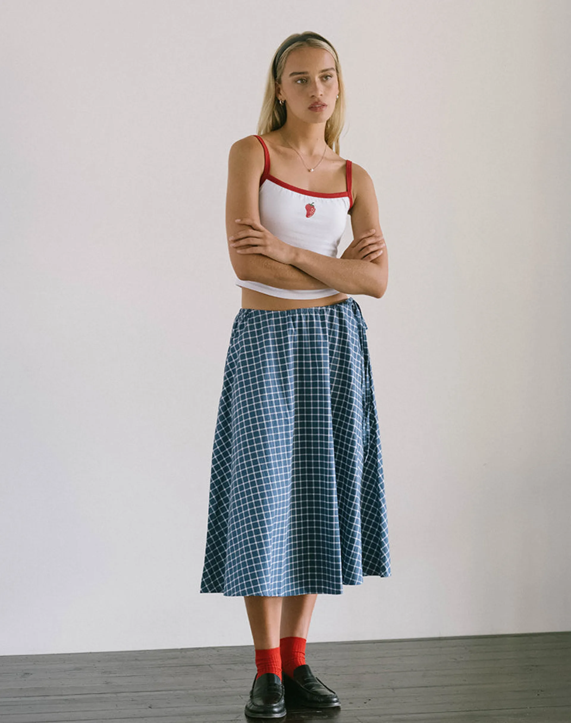 Motel Rocks Co-Ords | Printed Skirts-Takara Midi Skirt in Navy Tartan Poplin