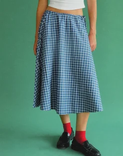 Motel Rocks Co-Ords | Printed Skirts-Takara Midi Skirt in Navy Tartan Poplin
