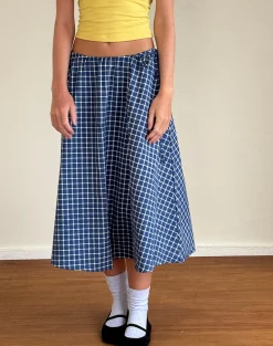 Motel Rocks Co-Ords | Printed Skirts-Takara Midi Skirt in Navy Tartan Poplin