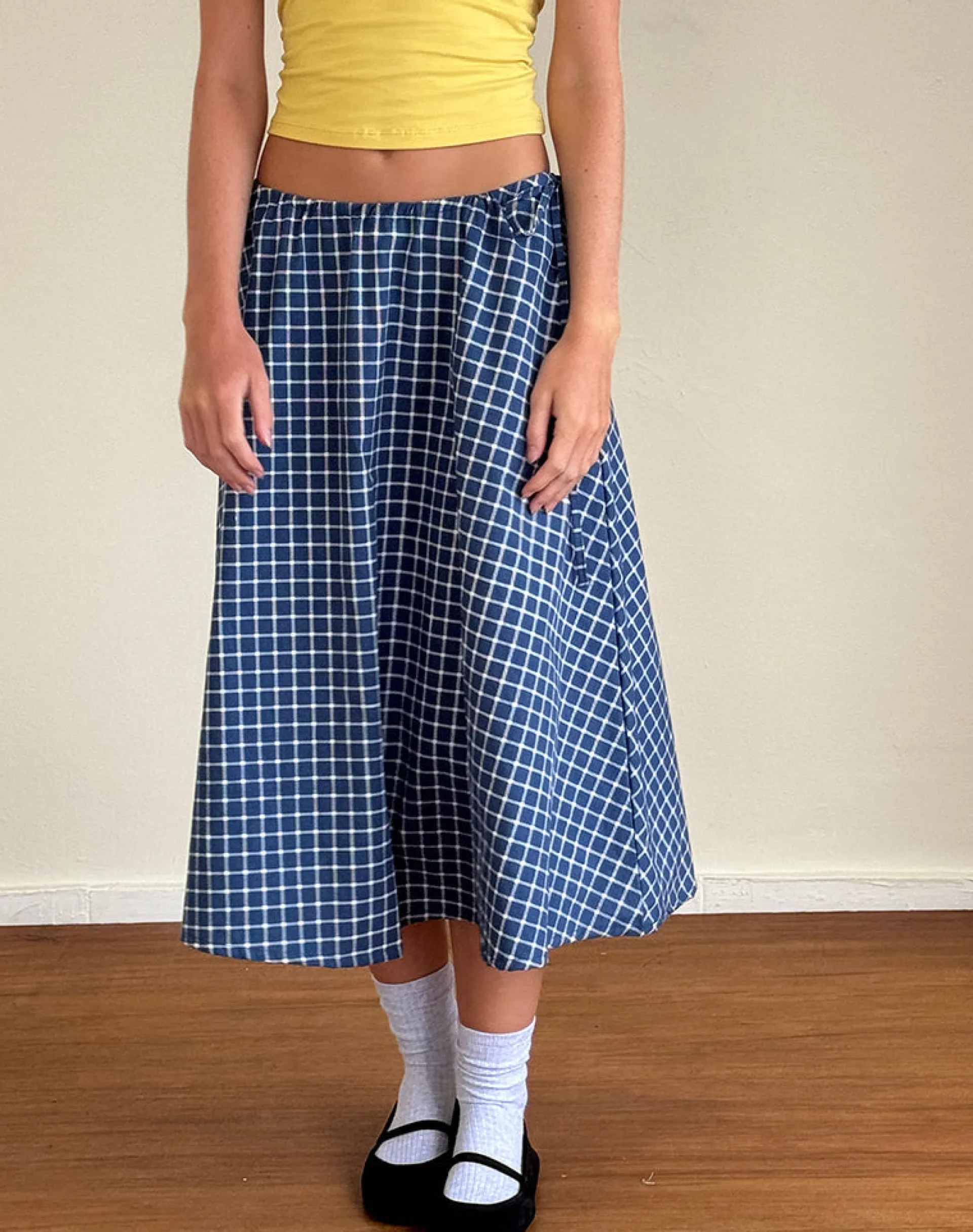 Motel Rocks Co-Ords | Printed Skirts-Takara Midi Skirt in Navy Tartan Poplin