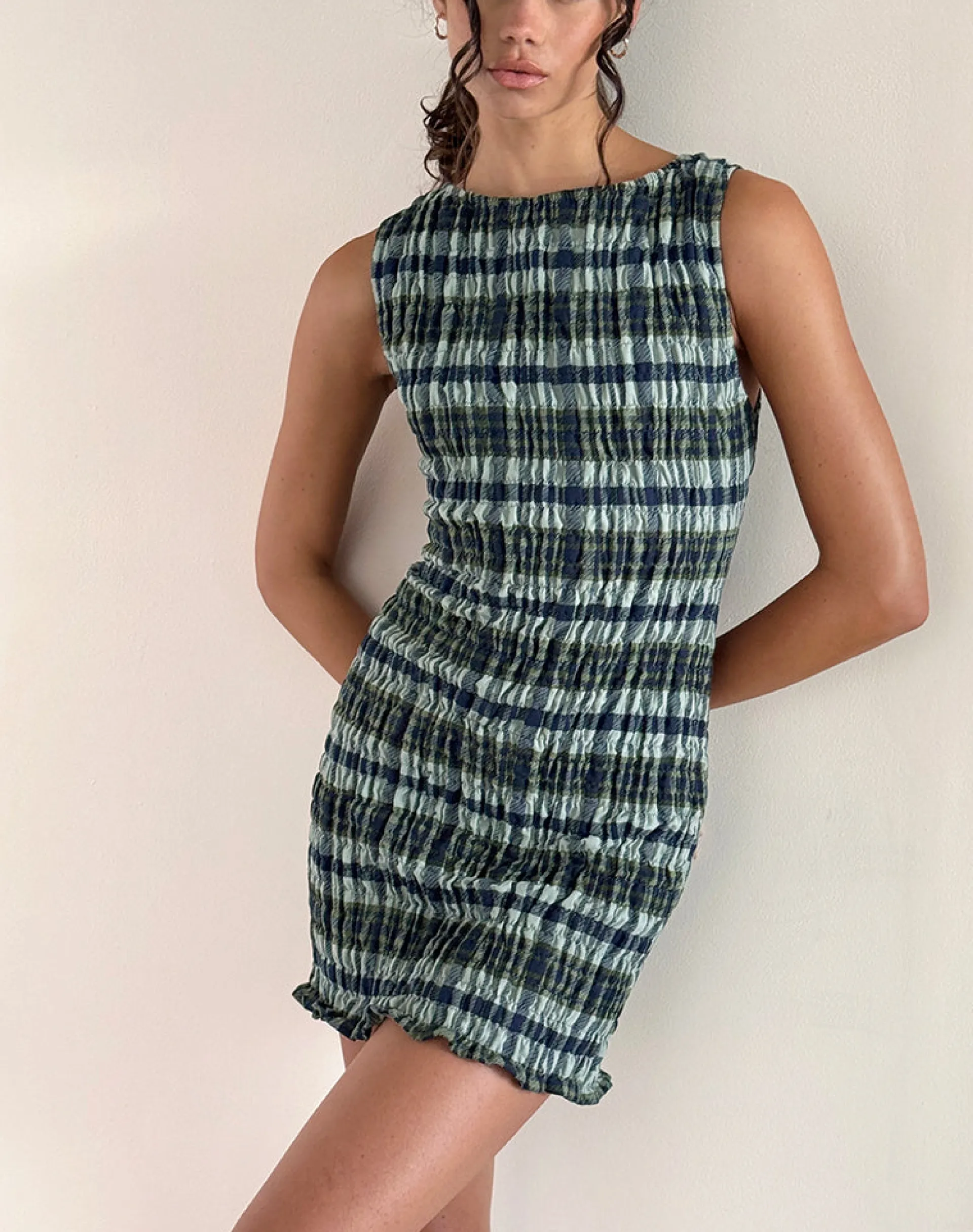Motel Rocks Printed Dresses | Day Dresses-Takayi Mini Dress in Linen Mono Check Green