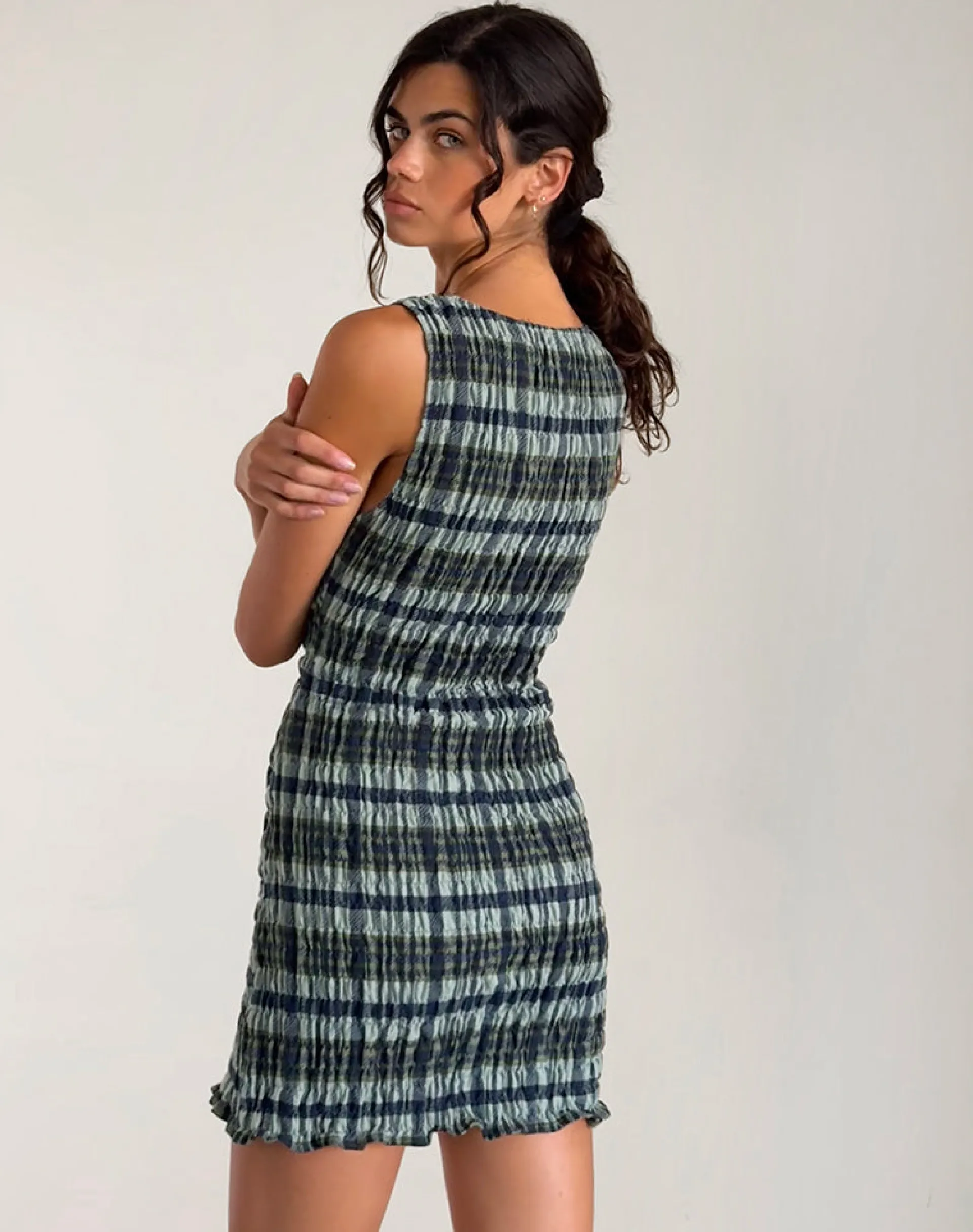 Motel Rocks Printed Dresses | Day Dresses-Takayi Mini Dress in Linen Mono Check Green