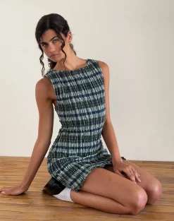 Motel Rocks Printed Dresses | Day Dresses-Takayi Mini Dress in Linen Mono Check Green