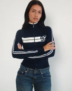 Motel Rocks Jackets-Takiya Zip Through Jacket in Deep Navy with 92 Design
