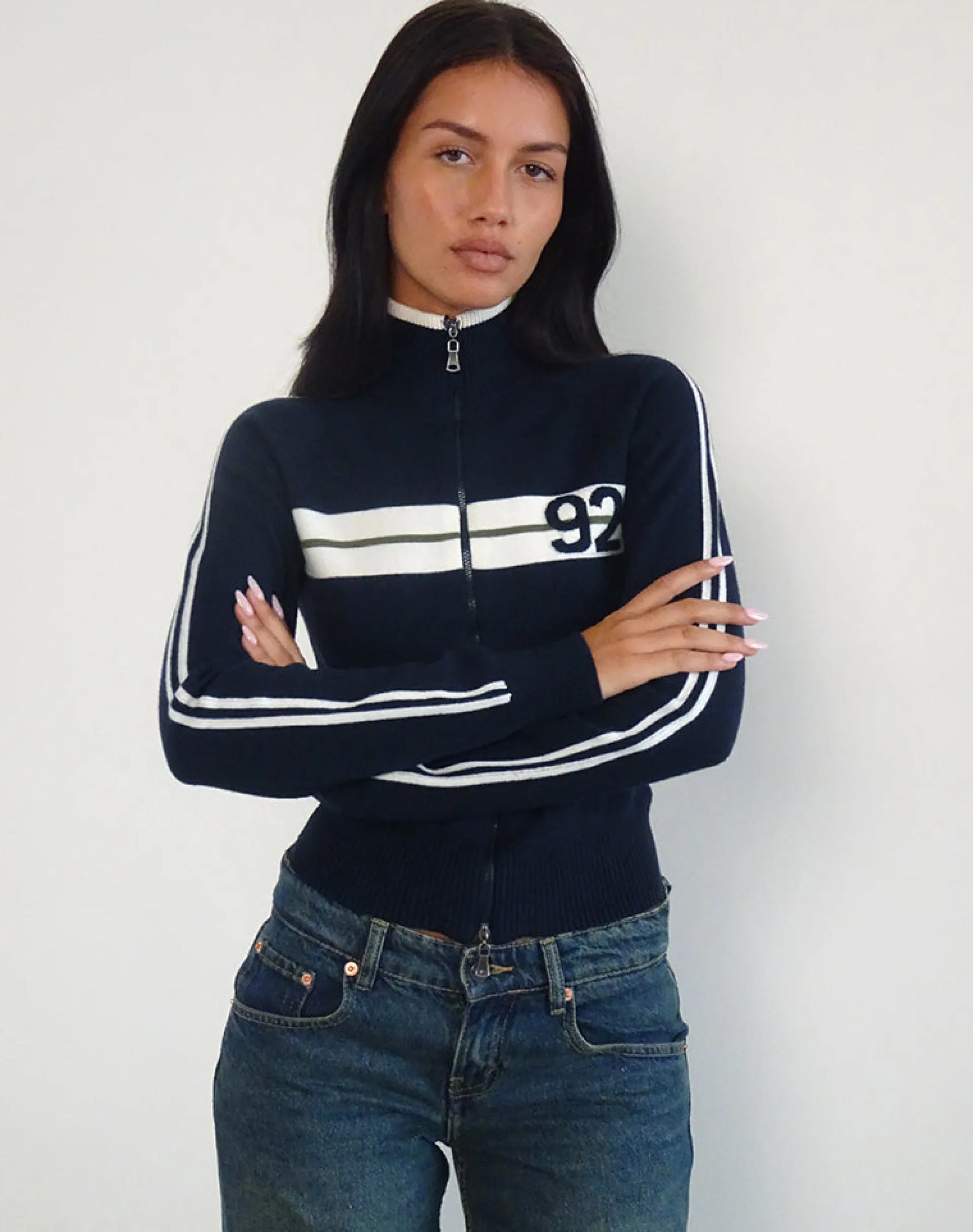 Motel Rocks Jackets-Takiya Zip Through Jacket in Deep Navy with 92 Design