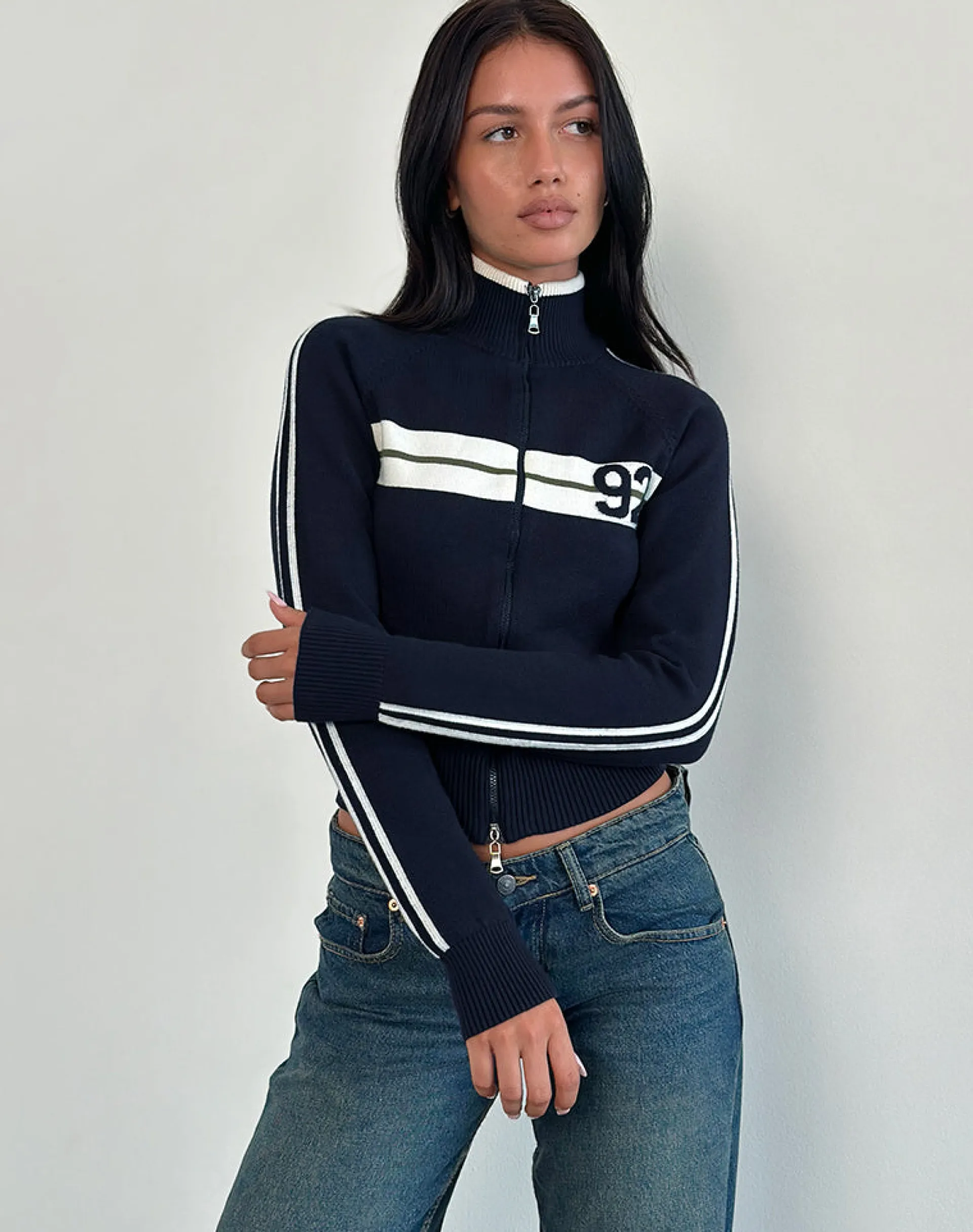 Motel Rocks Jackets-Takiya Zip Through Jacket in Deep Navy with 92 Design