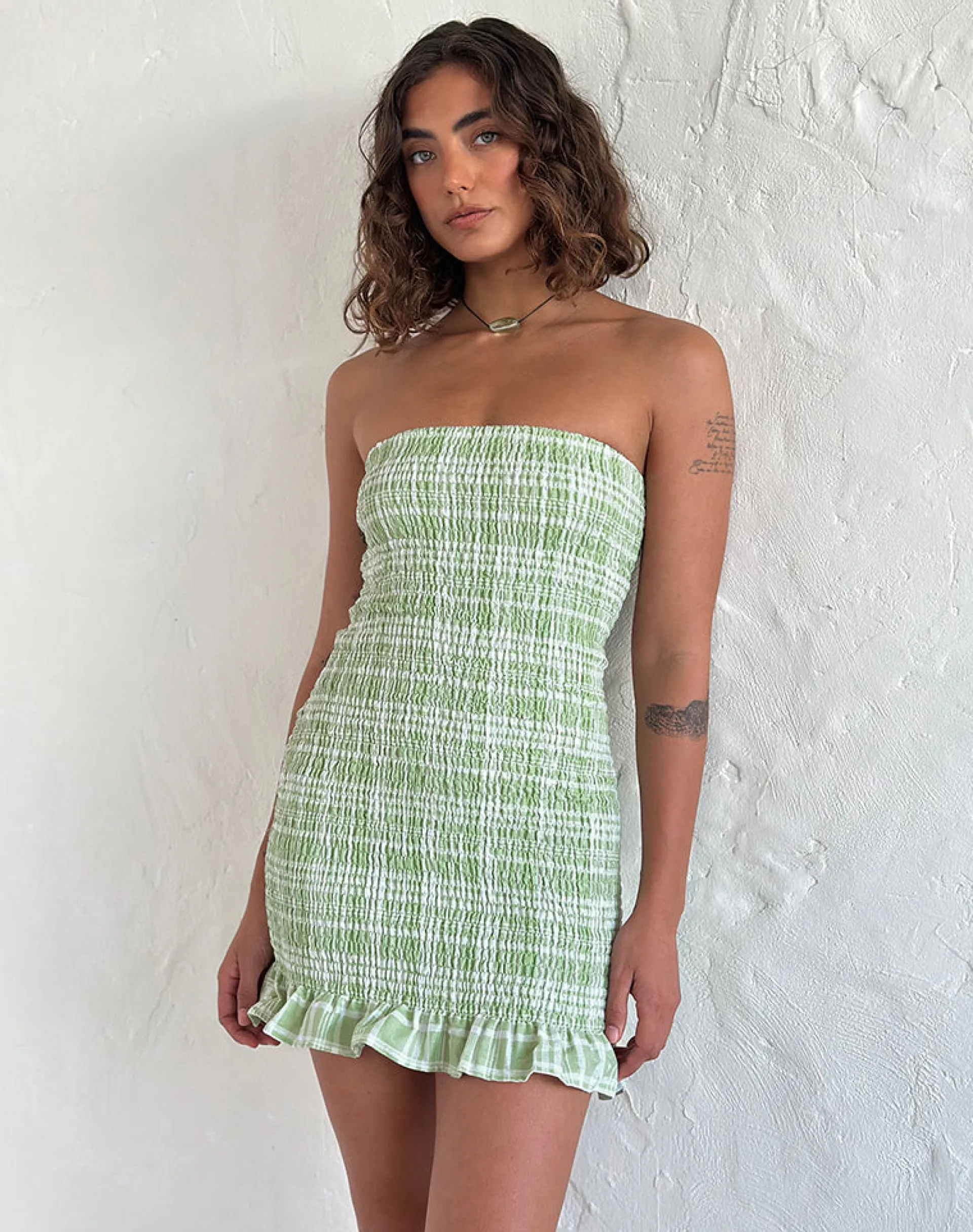 Motel Rocks Basics | Printed Dresses-Takiyo Mini Dress in Table Cloth Neo Mint TableClothNeoMint