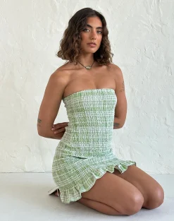Motel Rocks Basics | Printed Dresses-Takiyo Mini Dress in Table Cloth Neo Mint TableClothNeoMint