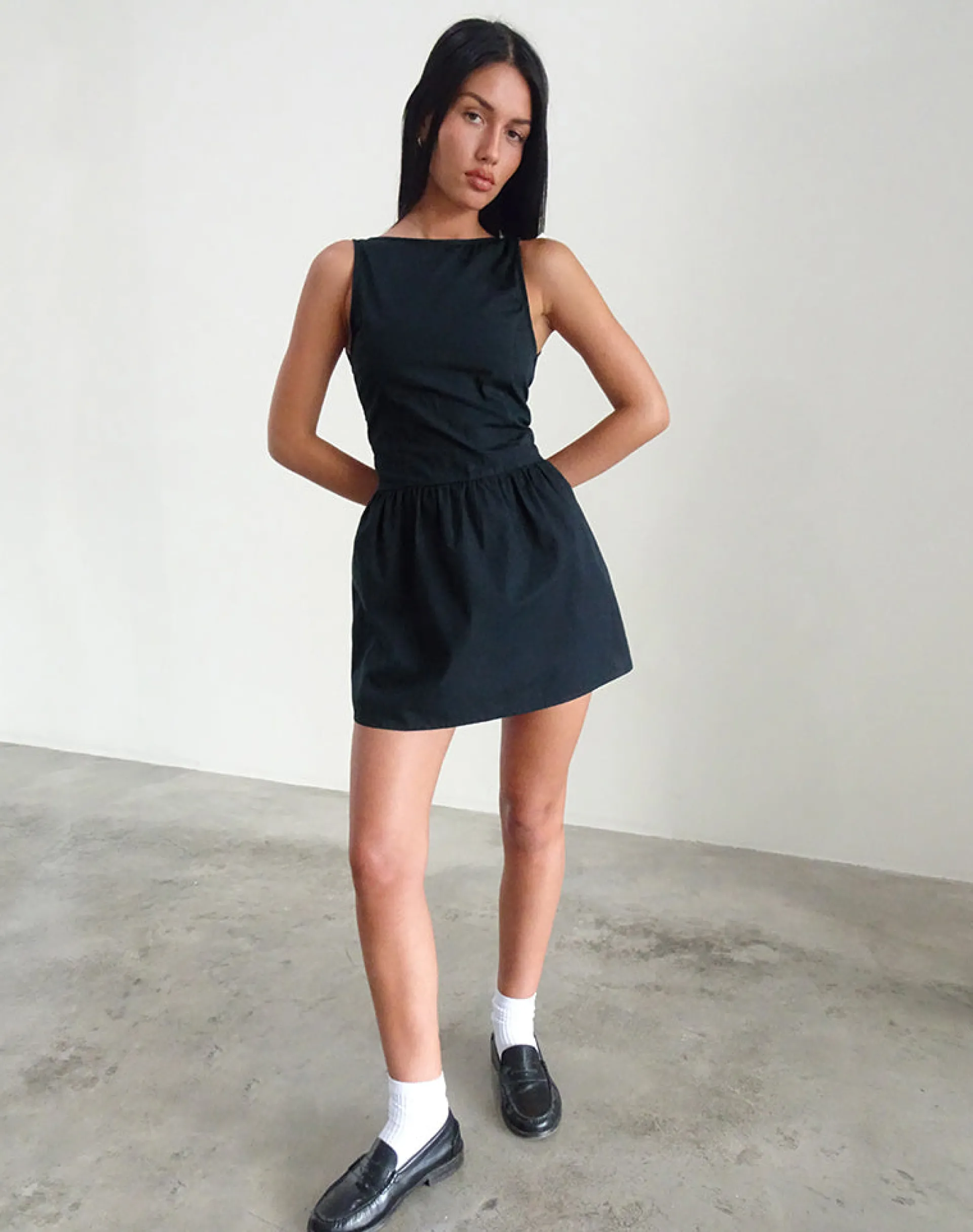 Motel Rocks Little Black Dresses | Party Dresses-Taleshi Mini Dress in Black with Tap Shoe Off White Bows