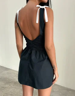 Motel Rocks Little Black Dresses | Party Dresses-Taleshi Mini Dress in Black with Tap Shoe Off White Bows