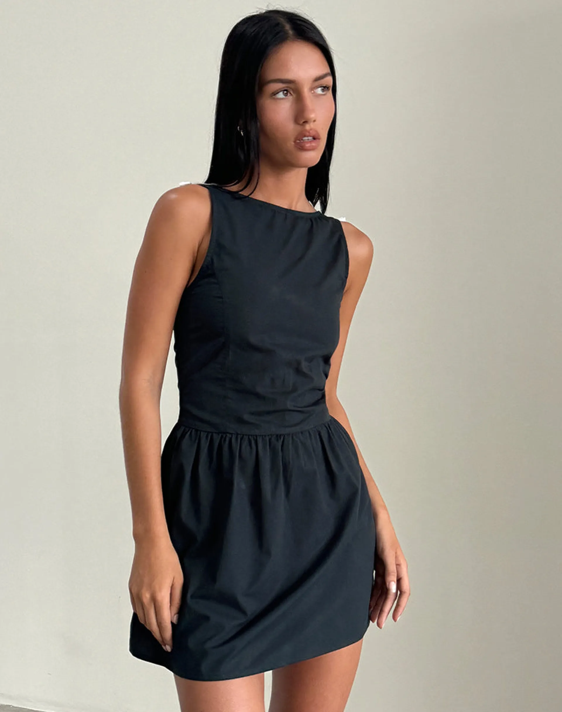 Motel Rocks Little Black Dresses | Party Dresses-Taleshi Mini Dress in Black with Tap Shoe Off White Bows