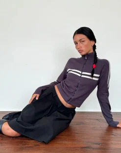 Motel Rocks Jackets-Talisa Sporty Zip Through Jacket In Charcoal with Light Grey Stripes CharcoalwithLightGreyStripes